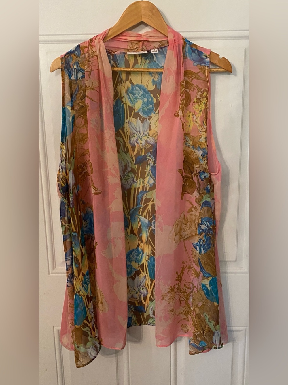 Susan Graver Pink Floral Sheer Open-Front Ruana Kaftan Vest